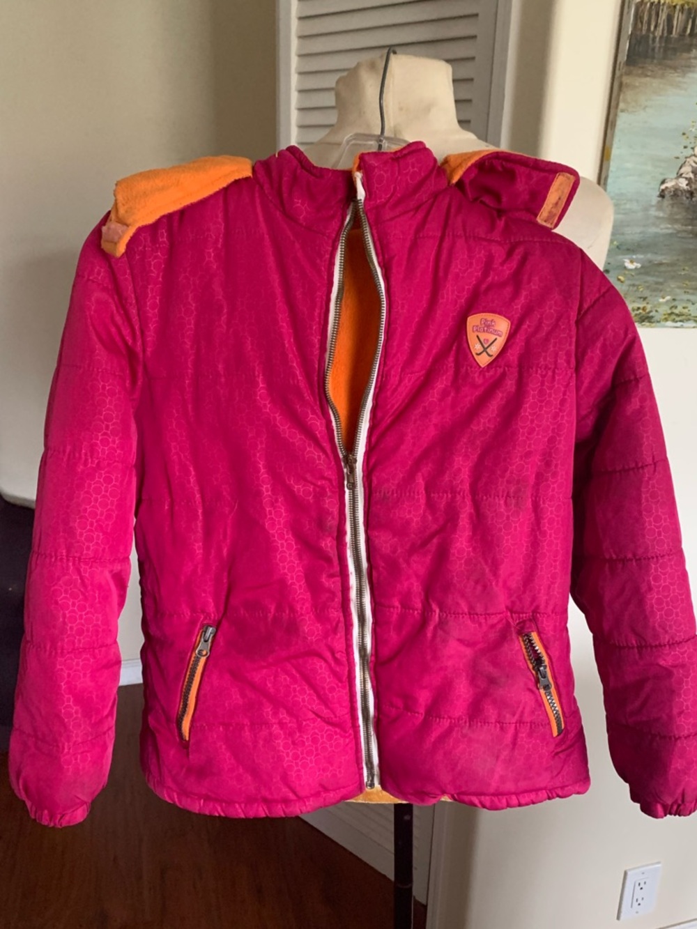 Pink Platinum Bright Pink Puffer Jacket with Orange Trim